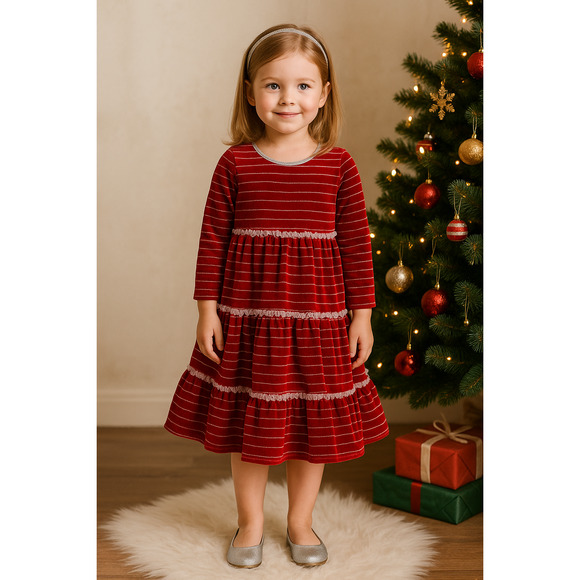 🎄 Hanna Andersson Girls' Striped Red Lurex Velour Holiday Dress – Sz 110 cm (5) - Picture 2 of 8